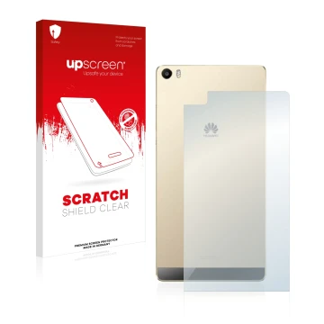 Front side of a product packaging with the brand logo upscreen. Next to it is the device Huawei P8 Max (Back) shown with the c