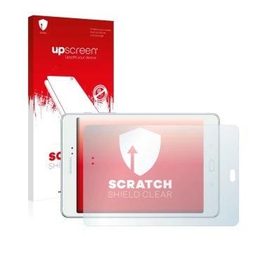 Front side of a product packaging with the brand logo upscreen. Next to it is the device Samsung Galaxy Tab A 8.0 shown with t