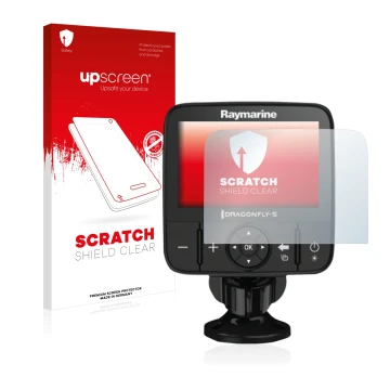 Front side of a product packaging with the brand logo upscreen. Next to it is the device Raymarine Dragonfly 5 shown with the 