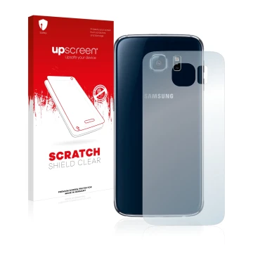 Front side of a product packaging with the brand logo upscreen. Next to it is the device Samsung SM-G920F (Back) shown with th