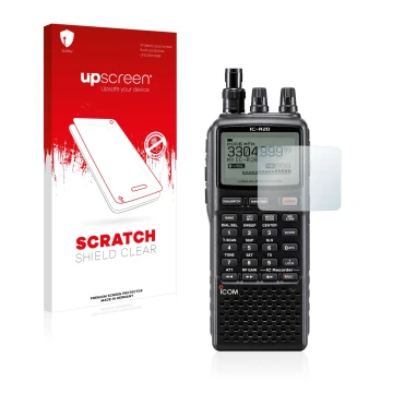 Front side of a product packaging with the brand logo upscreen. Next to it is the device Icom IC-R20 shown with the correspond