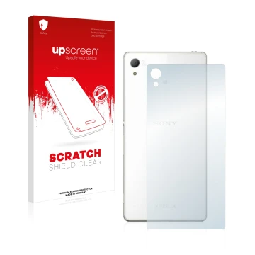 Front side of a product packaging with the brand logo upscreen. Next to it is the device Sony Xperia Z4 (Back) shown with the 