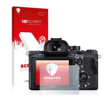 Front side of a product packaging with the brand logo upscreen. Next to it is the device Sony Alpha 7R II shown with the corre