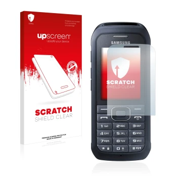 Front side of a product packaging with the brand logo upscreen. Next to it is the device Samsung Xcover 550 shown with the cor