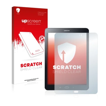 Front side of a product packaging with the brand logo upscreen. Next to it is the device Samsung Galaxy Tab S2 9.7 shown with 