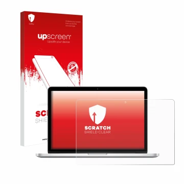 Front side of a product packaging with the brand logo upscreen. Next to it is the device Apple MacBook Retina Pro 13