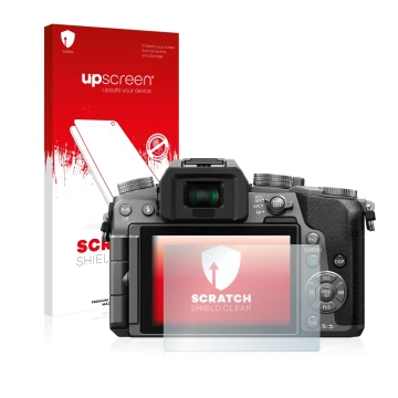 Front side of a product packaging with the brand logo upscreen. Next to it is the device Panasonic Lumix DMC-G7 shown with the