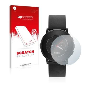 Front side of a product packaging with the brand logo upscreen. Next to it is the device Pebble Time Round shown with the corr