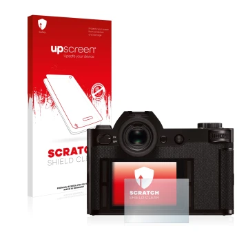 Front side of a product packaging with the brand logo upscreen. Next to it is the device Leica SL (Typ 601) shown with the cor