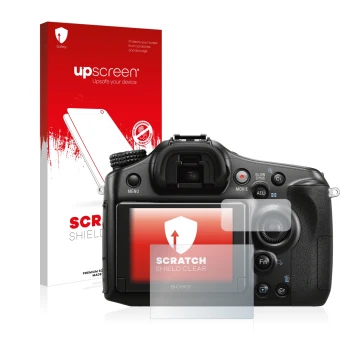 Front side of a product packaging with the brand logo upscreen. Next to it is the device Sony Alpha 68 shown with the correspo