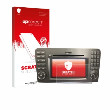 Front side of a product packaging with the brand logo upscreen. Next to it is the device Mercedes-Benz Comand APS 2.5 shown wi