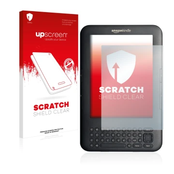 Front side of a product packaging with the brand logo upscreen. Next to it is the device Amazon Kindle 3 shown with the corres