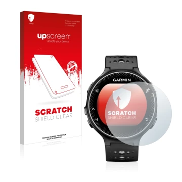 Front side of a product packaging with the brand logo upscreen. Next to it is the device Garmin Forerunner 230 shown with the 