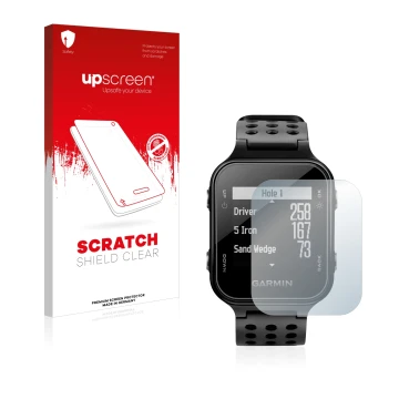 Front side of a product packaging with the brand logo upscreen. Next to it is the device Garmin Approach S20 shown with the co