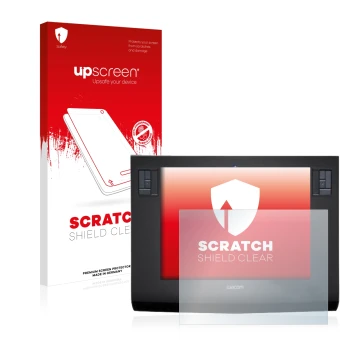 Front side of a product packaging with the brand logo upscreen. Next to it is the device Wacom Intuos 3 L shown with the corre