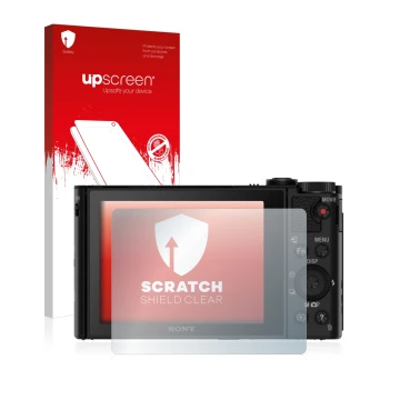 Front side of a product packaging with the brand logo upscreen. Next to it is the device Sony Cyber-Shot DSC-HX80 shown with t
