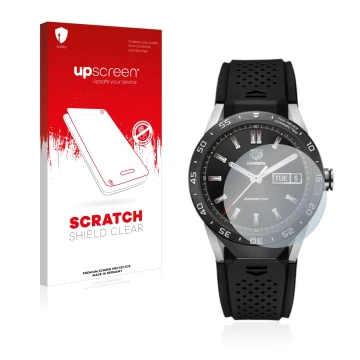 Front side of a product packaging with the brand logo upscreen. Next to it is the device TAG Heuer Connected 46 shown with the