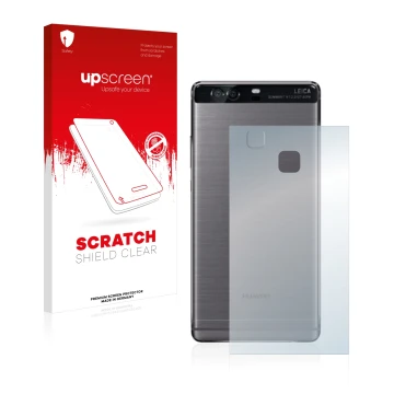 Front side of a product packaging with the brand logo upscreen. Next to it is the device Huawei P9 Plus (Back) shown with the 