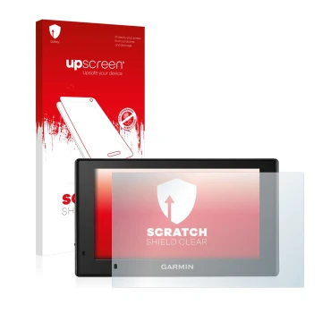 Front side of a product packaging with the brand logo upscreen. Next to it is the device Garmin DriveSmart 50 LMT-D shown with