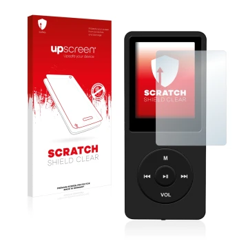 Front side of a product packaging with the brand logo upscreen. Next to it is the device AGPtek 8GB MP3-Player shown with the 