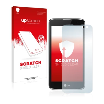 Front side of a product packaging with the brand logo upscreen. Next to it is the device LG K7 (camera right only) shown with 