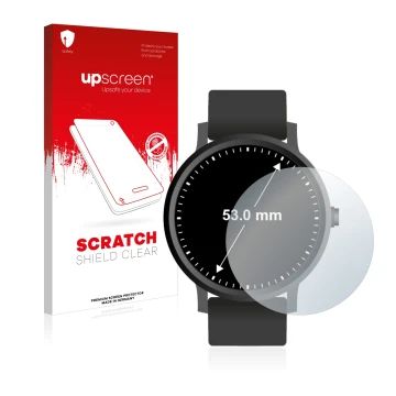 Front side of a product packaging with the brand logo upscreen. Next to it is the device Watches (Circular, ø: 53 mm) shown wi