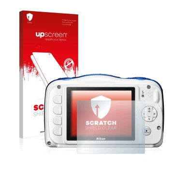 Front side of a product packaging with the brand logo upscreen. Next to it is the device Nikon Coolpix W100 shown with the cor