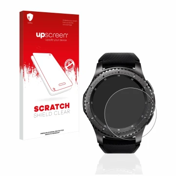 Front side of a product packaging with the brand logo upscreen. Next to it is the device Samsung Gear S3 Frontier shown with t