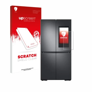 Front side of a product packaging with the brand logo upscreen. Next to it is the device Samsung Family Hub 21.5