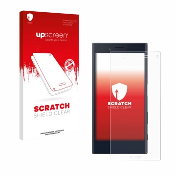 Front side of a product packaging with the brand logo upscreen. Next to it is the device Sony Xperia X Compact shown with the 