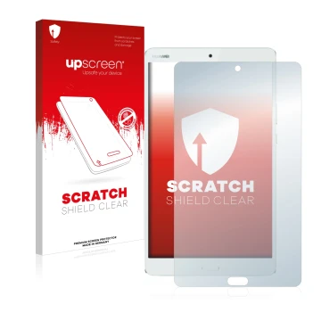 Front side of a product packaging with the brand logo upscreen. Next to it is the device Huawei MediaPad M3 8.4 shown with the