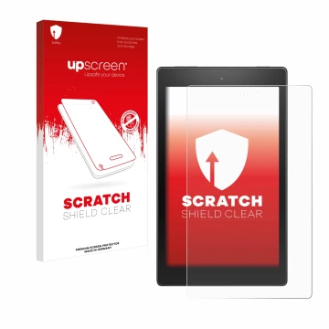 Front side of a product packaging with the brand logo upscreen. Next to it is the device Amazon Fire HD 8 2017 shown with the 