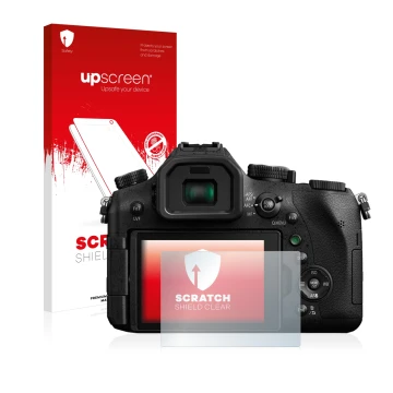 Front side of a product packaging with the brand logo upscreen. Next to it is the device Panasonic Lumix DMC-FZ2000 shown with