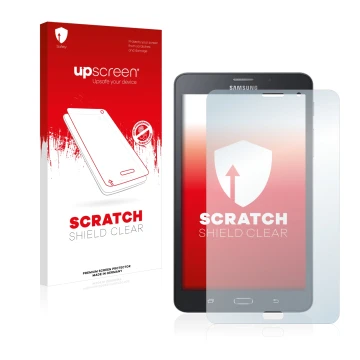 Front side of a product packaging with the brand logo upscreen. Next to it is the device Samsung Galaxy Tab A6 7.0 4G shown wi