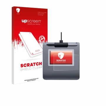 Front side of a product packaging with the brand logo upscreen. Next to it is the device Wacom STU-430 shown with the correspo