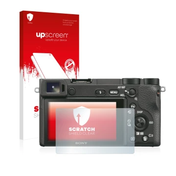 Front side of a product packaging with the brand logo upscreen. Next to it is the device Sony Alpha 6500 shown with the corres