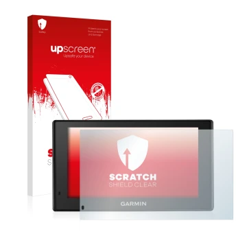 Front side of a product packaging with the brand logo upscreen. Next to it is the device Garmin DriveTrack 70LM shown with the