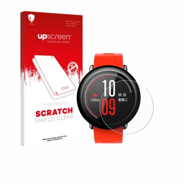 Front side of a product packaging with the brand logo upscreen. Next to it is the device Huami Amazfit Pace shown with the cor