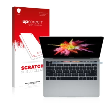 Front side of a product packaging with the brand logo upscreen. Next to it is the device Apple MacBook Pro 13