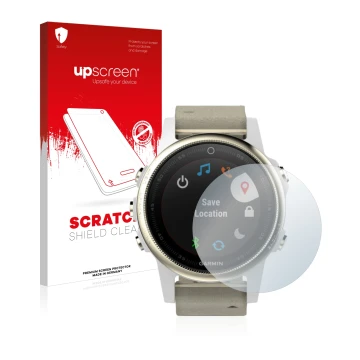 Front side of a product packaging with the brand logo upscreen. Next to it is the device Garmin Fenix 5S (42 mm) shown with th