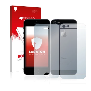 Front side of a product packaging with the brand logo upscreen. Next to it is the device Apple iPhone 5S (Front+Back) shown wi