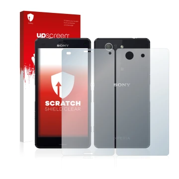 Front side of a product packaging with the brand logo upscreen. Next to it is the device Sony Xperia Z3 Compact D5803 (Front+B