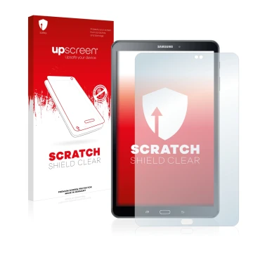 Front side of a product packaging with the brand logo upscreen. Next to it is the device Samsung Galaxy Tab A 10.1 2016 shown 