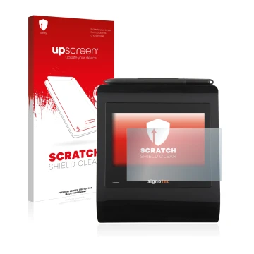 Front side of a product packaging with the brand logo upscreen. Next to it is the device Signotec Signature Pad Gamma shown wi