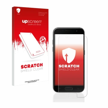 Front side of a product packaging with the brand logo upscreen. Next to it is the device Samsung Galaxy A3 2017 shown with the