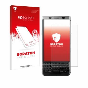 Front side of a product packaging with the brand logo upscreen. Next to it is the device BlackBerry Keyone shown with the corr