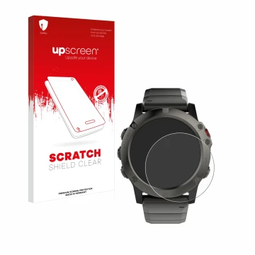 Front side of a product packaging with the brand logo upscreen. Next to it is the device Garmin Fenix 5X (51 mm) shown with th