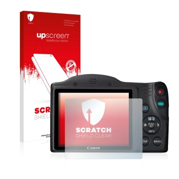 Front side of a product packaging with the brand logo upscreen. Next to it is the device Canon PowerShot SX430 IS shown with t