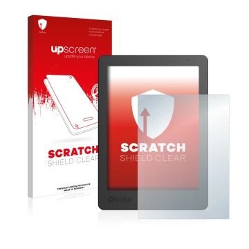 Front side of a product packaging with the brand logo upscreen. Next to it is the device Kobo Aura Edition 2 shown with the co