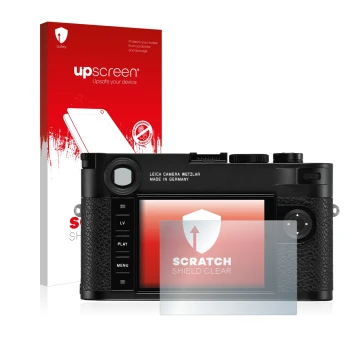 Front side of a product packaging with the brand logo upscreen. Next to it is the device Leica M10 shown with the correspondin